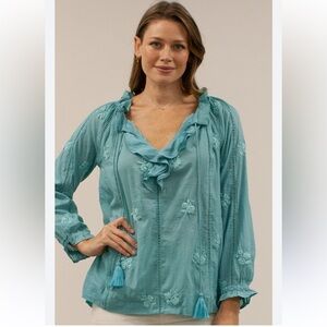 NWT Kyla Seo Adena Blouse Size XS Turquoise Floral Embroidered Handmade